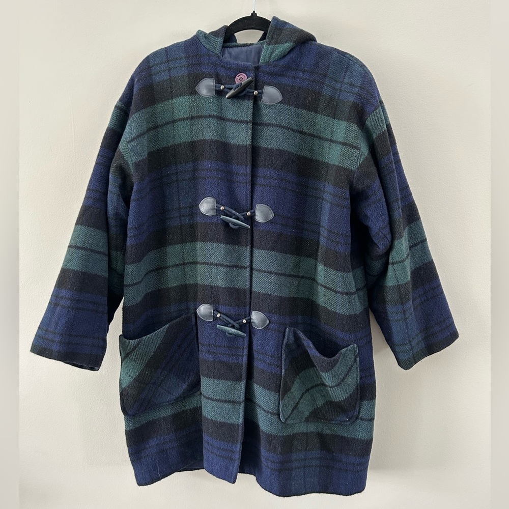 Vintage CountrySide Wool Blend Plaid Long Chic Barn Utility Toggle Hooded Coat - Picture 2 of 8